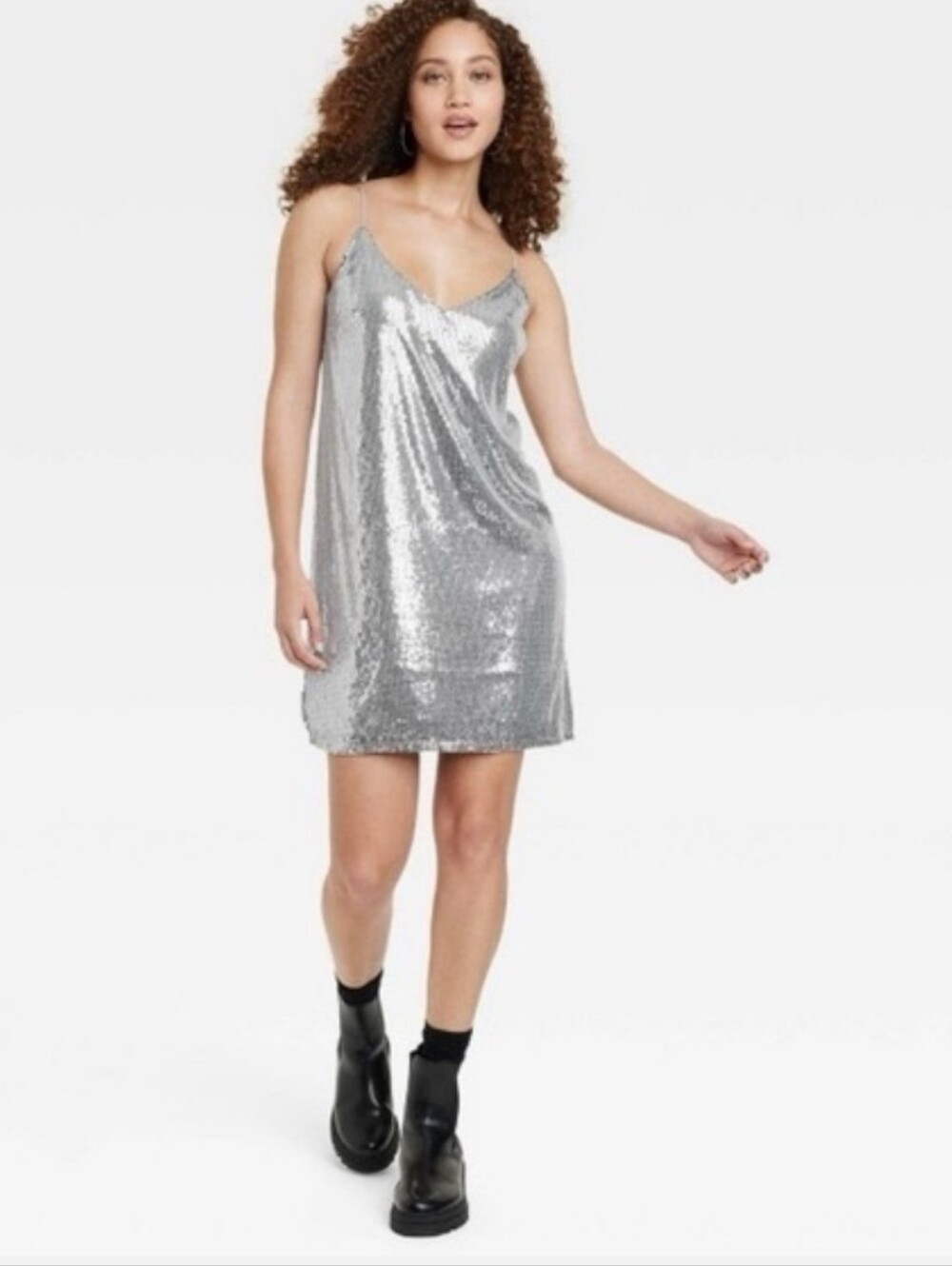 NWT A New Day Silver Sequin Slip Dress Mini Spaghetti Strap Party Glam Evening M